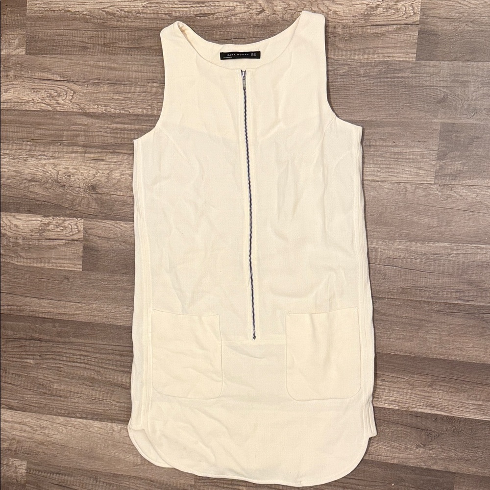 Zara XS White Sleeveless Dress with Front Zipper & pockets